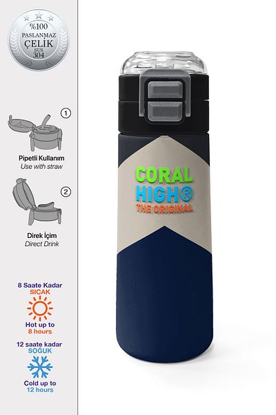 Coral High Kids Navy Blue Dark Gray Beige Patterned Straw and Direct Drinking Steel Thermos 500 ml 31893