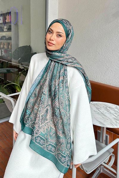 lamelif.com Βαμβακερό σάλι με ρετρό σχέδιο Emerald Green 2