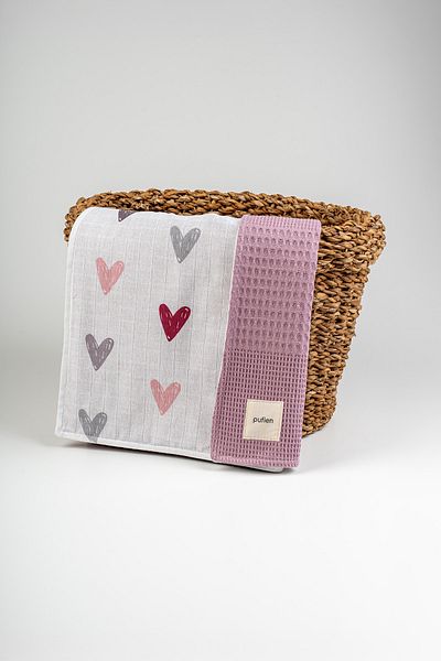 pufien 90X90 Heart Patterned Multi-Purpose Muslin Baby Blanket, Waffle Baby Blanket & Blanket