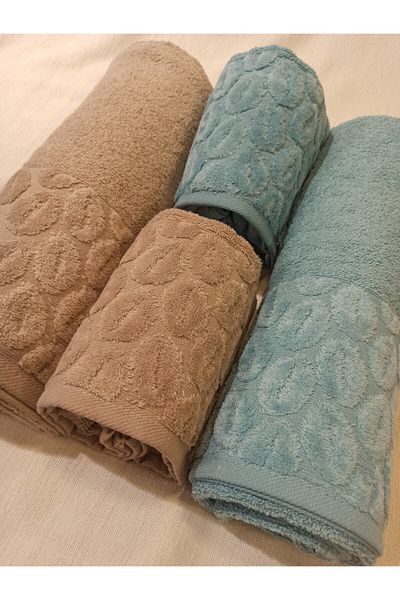 ŞENER HOME Σετ μπάνιου Bade 4 τεμαχίων, πετσέτα μπάνιου και κεφαλιού - καφέ & μέντα