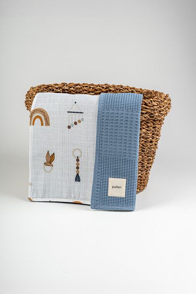 pufien 90X90 Indigo Waffle Pique and Muslin Patterned Reversible Multi-Purpose Cover & Blanket