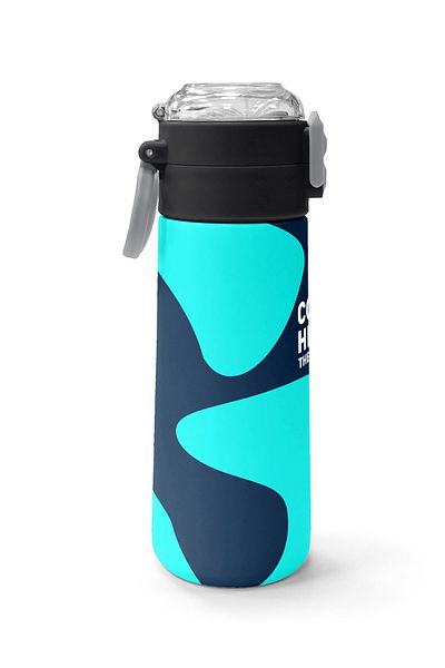 Coral High Kids Navy Blue Turquoise Patterned Steel Thermos with Straw and Direct Drinking 500 ml 31886