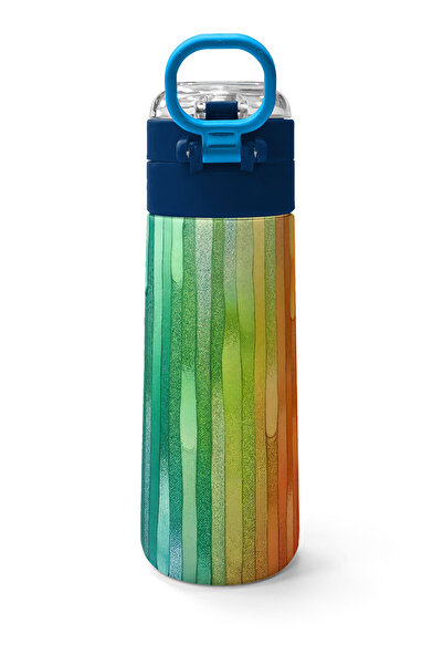 Coral High Kids Navy Blue Colored Striped Patterned Straw and Direct Drinking Steel Thermos 500 ml 31890