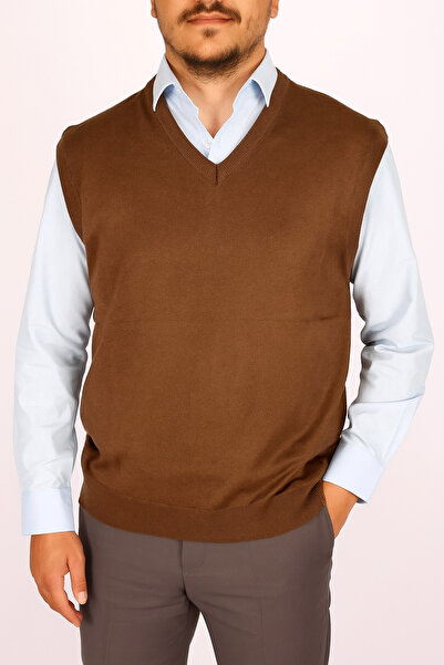 nacar çarşı Baba Erkek V Yaka Kahverengi Triko Süveter – Klasik ve Şık