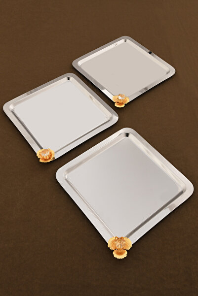 AKSESUAR EVRENİ Marev Gold Stone Detailed 3 Presentation Trays Silver