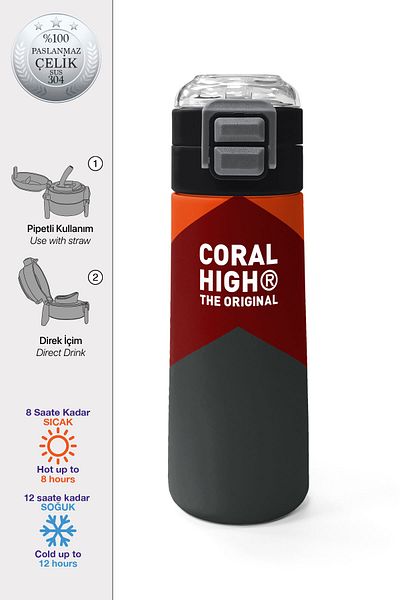 Coral High Kids Orange Burgundy Patterned Straw and Direct Drinking Steel Thermos 500 ml 31892