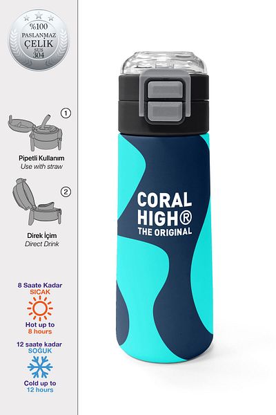 Coral High Kids Navy Blue Turquoise Patterned Steel Thermos with Straw and Direct Drinking 500 ml 31886