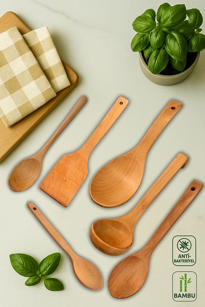 Ülgenev Bamboo & Beech Kitchen Set - 6-Piece Varnished Spatula, Spoons and Ladle
