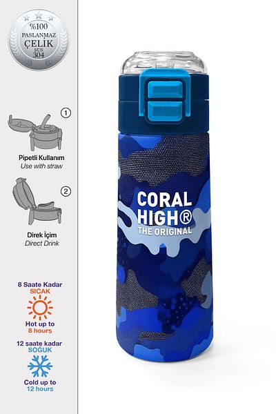 Coral High Kids Navy Blue Saks Camouflage Patterned Straw and Direct Drinking Steel Thermos 500 ml 31889