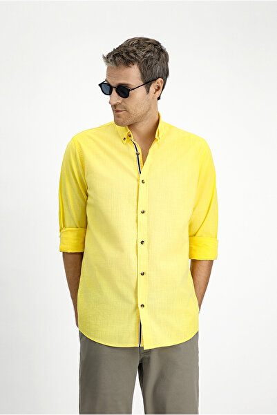 Kiğılı Uzun Kol Regular Fit Düğmeli Yaka Keten Görünümlü Spor Pamuk Gömlek