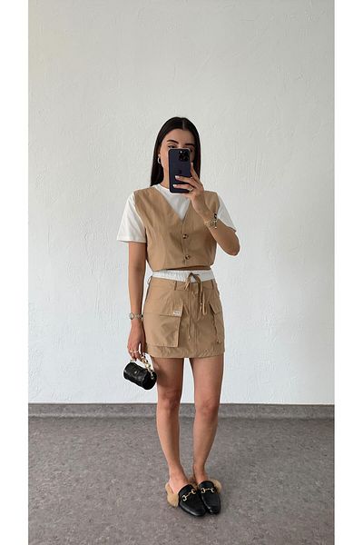 HAZELANNA Milky Brown Colored Vest and Skirt Set