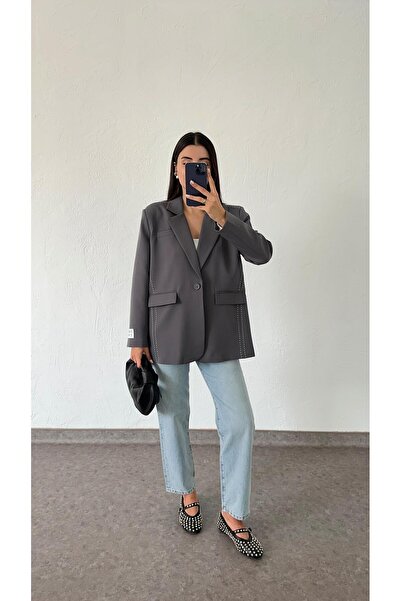 HAZELANNA Anthracite Color Contrast Stitched Blazer Jacket
