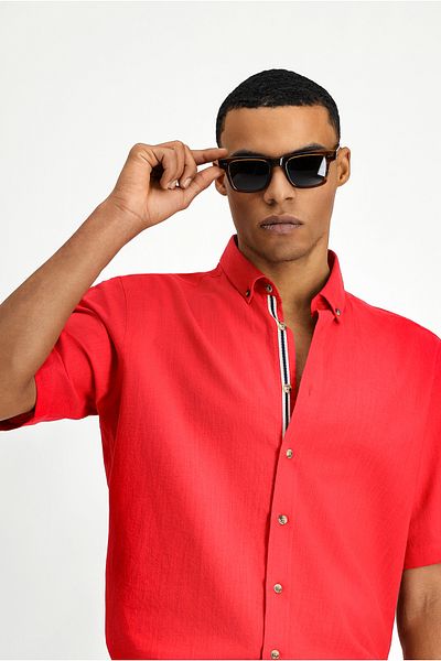 Kiğılı Short Sleeve Regular Fit Button Collar Linen Look Cotton Sports Shirt