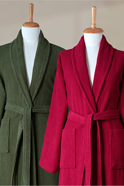 Ellaline 6 Piece Striped Bathrobe Set 100% Cotton Certified Family Towel Bathrobe Set Dowry Set Burgundy Green