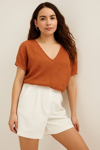 Vera Tekstil Women's Brick Color Textured V Neck Short Sleeve Summer Blouse