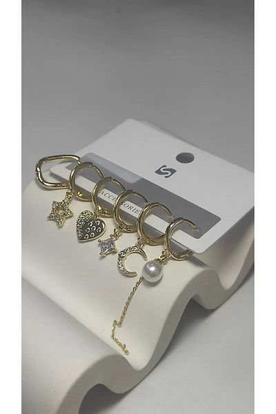 Bijutek Bijouterie Gold Stone - Pearl - Heart and Butterfly Patterned Dangle Multi Metal Women's Earrings Jewelry 2