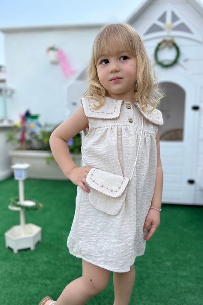 Minipodyum Kız Bebek Yakası Nakışlı Çantalı Bayramlık Keten Elbise