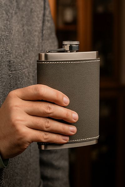 PERLOTUS Hand Stitched Gray Genuine Leather 8 oz 240 Cc Steel Whiskey Drink Flask with Funnel Christmas Gift