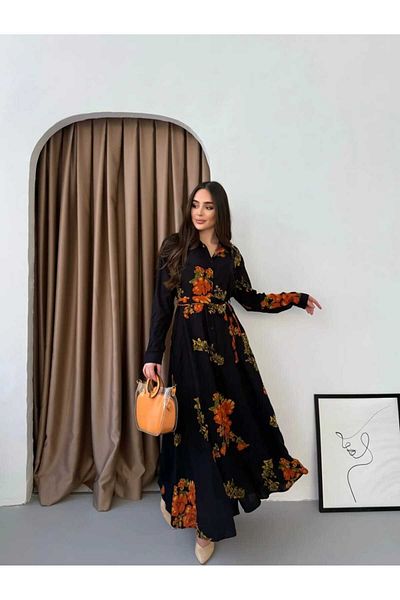Att Style Full Length Black Floor Orange Rose Pattern Dress