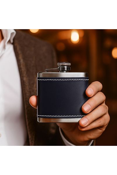 PERLOTUS Navy Blue Leather Cover - 5 Oz, 150 Cc, Steel Whiskey Flask, Christmas Gift, Limited Series