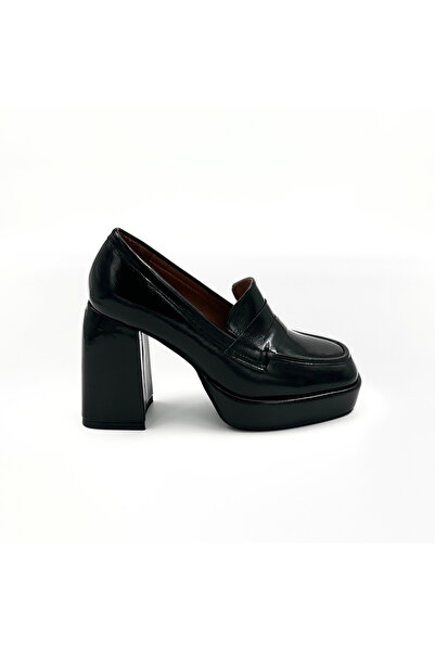 Folle Siyah Rugan Platform Topuklu Loafer Ayakkabı