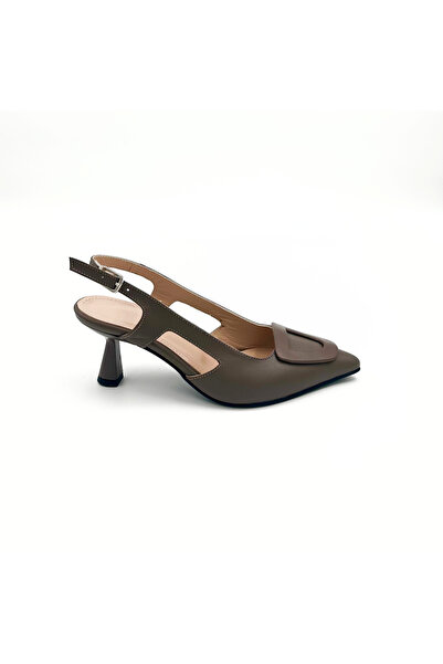 Folle Hakiki Deri Vizon Renk 6cm Topuklu Slingback Ayakkabı