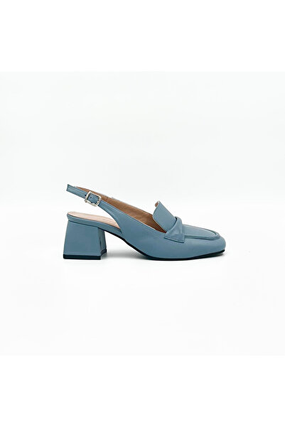 Folle Kot Mavisi Hakiki Deri Slingback Topuklu Ayakkabı – 5 cm Kalın Topuklu Loafer Model