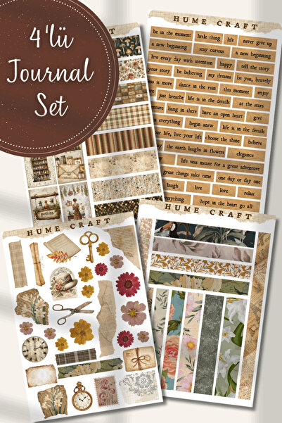 Hume Craft 108 Parça Vintage Sticker Seti / 4 sayfa / 15x21 cm / Bullet Journal / Scrapbook