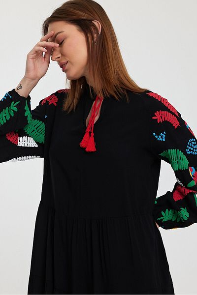 bacc Black Embroidered Long Women's Dress - Tie-Up Collar, Woven Bcvl-241027