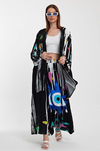 bacc Women's Black Print Pants and Long Kimono Woven Bottom Top Suit Bcvl-24976