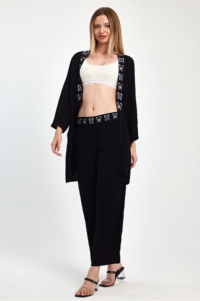 bacc Maxi Size Black Blue Embroidery Embroidered Jacket and Trousers Woven Viscon Bottom Top Set Bcvl-251056