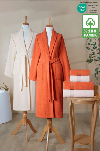 Ellaline Σετ μπουρνούζι 6 τεμαχίων ριγέ 100% βαμβάκι Πιστοποιημένο οικογενειακό σετ μπουρνούζι πετσετών Σετ προίκας πορτοκαλί κρέμα