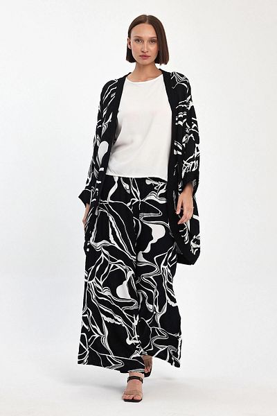 bacc Maxi Size Black Printed Kimono and Trousers Woven Viscon Bottom Top Set Bcvl-251068