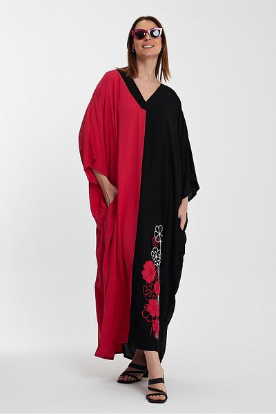 bacc Φούξια Colorblock Κέντημα Μακρύ Πουκάμισο Φόρεμα - V-Neck Bcvl-24958