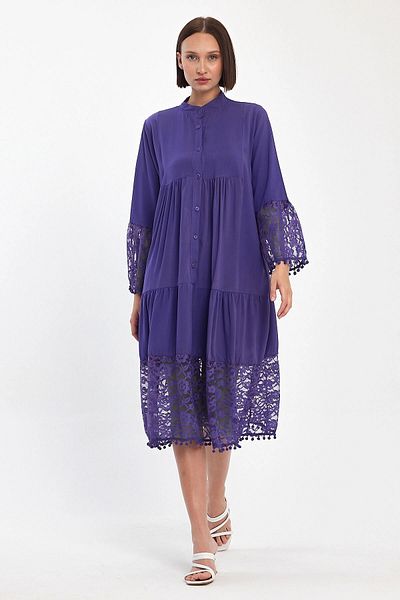 bacc Maxi Size Purple Tulle Detailed Long Length Woven Viscon Dress Bcvl-25983