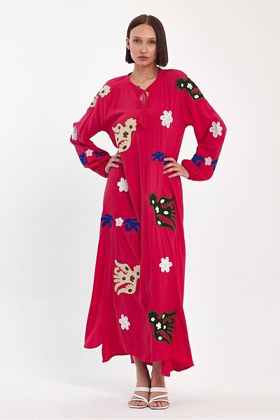 bacc Rochie roșie pentru femei, cu guler roșu, brodat, țesut lung Bcvl-24915