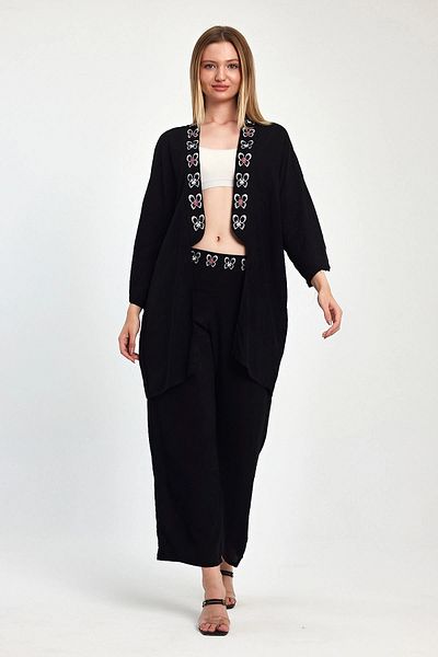 bacc Maxi Size Black Fuchsia Embroidery Embroidered Jacket and Trousers Woven Viscon Bottom Top Set Bcvl-251056