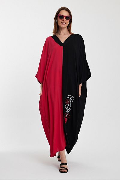 bacc Φούξια Colorblock Κέντημα Μακρύ Πουκάμισο Φόρεμα - V-Neck Bcvl-24958