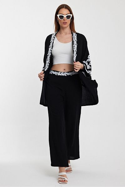 bacc Women's Black Embroidered Bottom Top Kimono Pants Suit Bcvl-24950