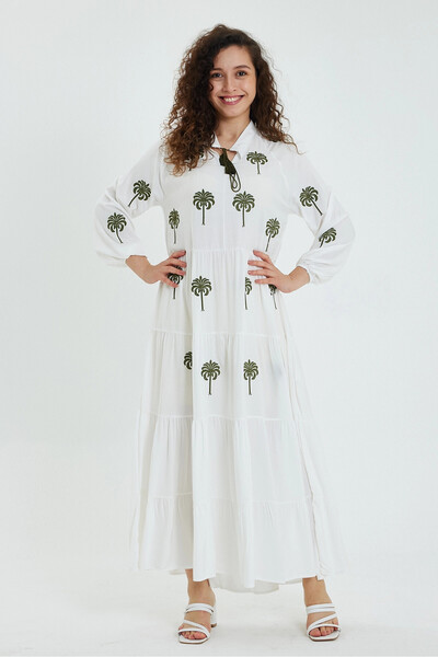 bacc White Embroidered V-Neck Long Woven Women's Dress - Bcvl-24925