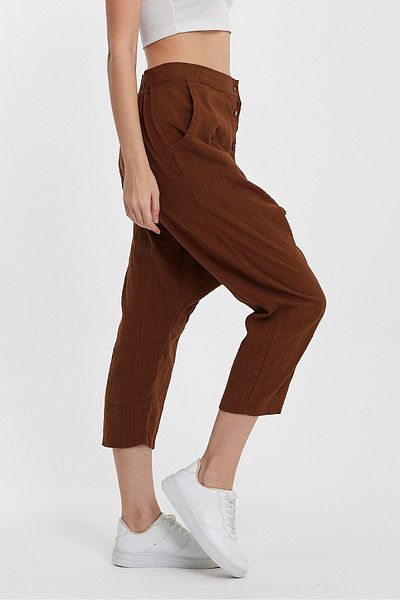 bacc Brown Women's Baggy Trousers - Low Net, Double Pocket and Button Detail Bcvl-245326