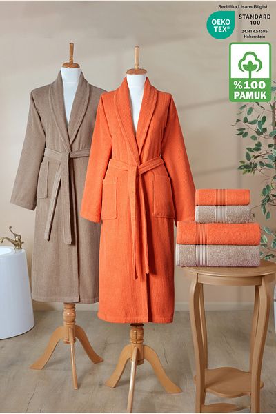 Ellaline Σετ μπουρνούζι 6 τεμαχίων ριγέ 100% βαμβάκι με πιστοποίηση, οικογενειακό σετ μπουρνούζι για προίκα Shalyaka Brown Orange