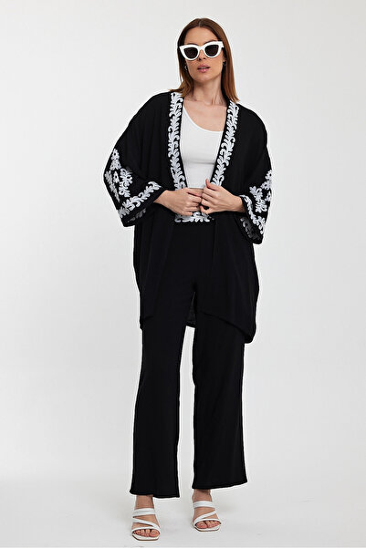 bacc Women's Black Embroidered Bottom Top Kimono Pants Suit Bcvl-24950