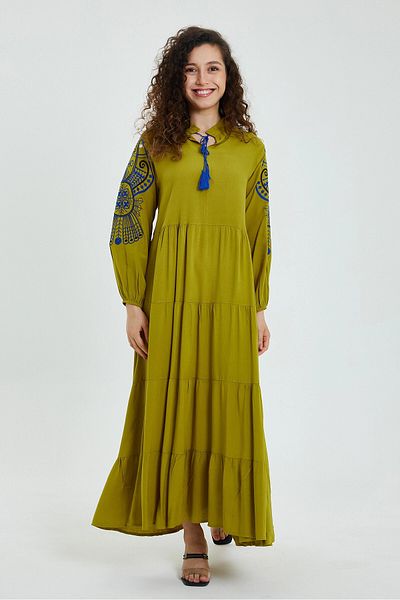 bacc Oil Green Embroidered - Layered Flounce Detailed Long Women's Dress Bcvl-24947