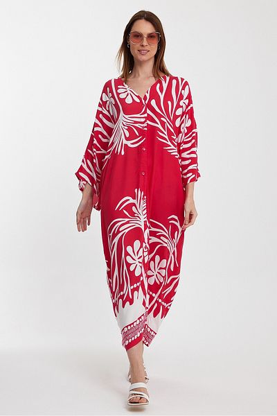 bacc Women's Red V-Neck Patterned Long Length Woven Shirt Dress Bcvl-24965