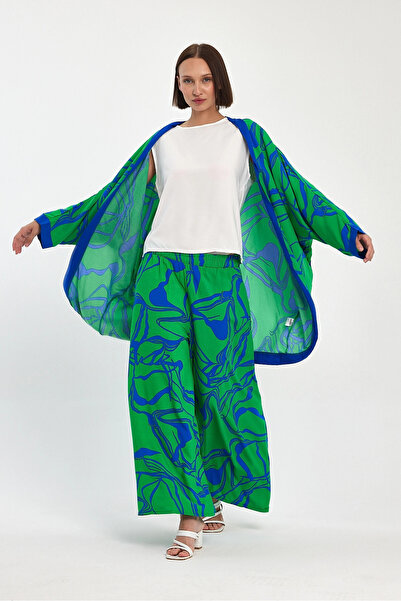 bacc Women's Maxi Length Green Printed Kimono and Pants Woven Viscon Top and Bottom Set Bcvl-251068