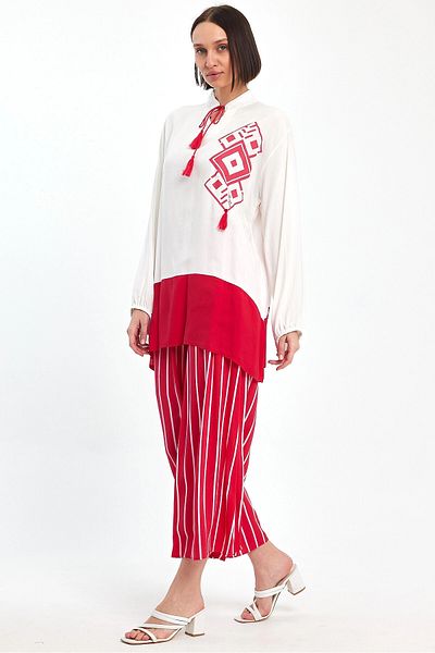 bacc Women's Red Color Blocked Striped Trousers and Long Tunic Bottom Top Set Bcvl- 241021
