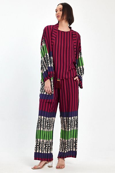 bacc Set de top și pantaloni kimono și pantaloni cu imprimeu prune de dimensiune maxi Bcvl-251042