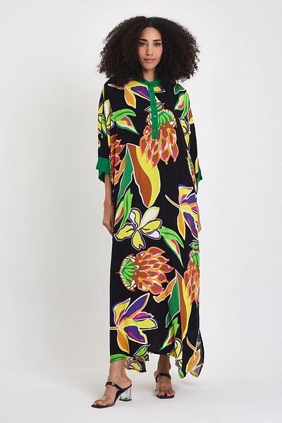 bacc Rochie țesătă lungă, neagră, cu guler de judecător, cu modele florale, Bcvl-24969