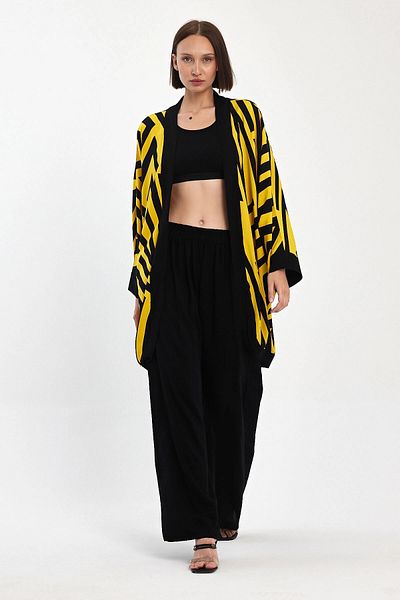 bacc Set de top și pantaloni kimono și pantaloni cu imprimeu galben de dimensiuni maxi Bcvl-251061